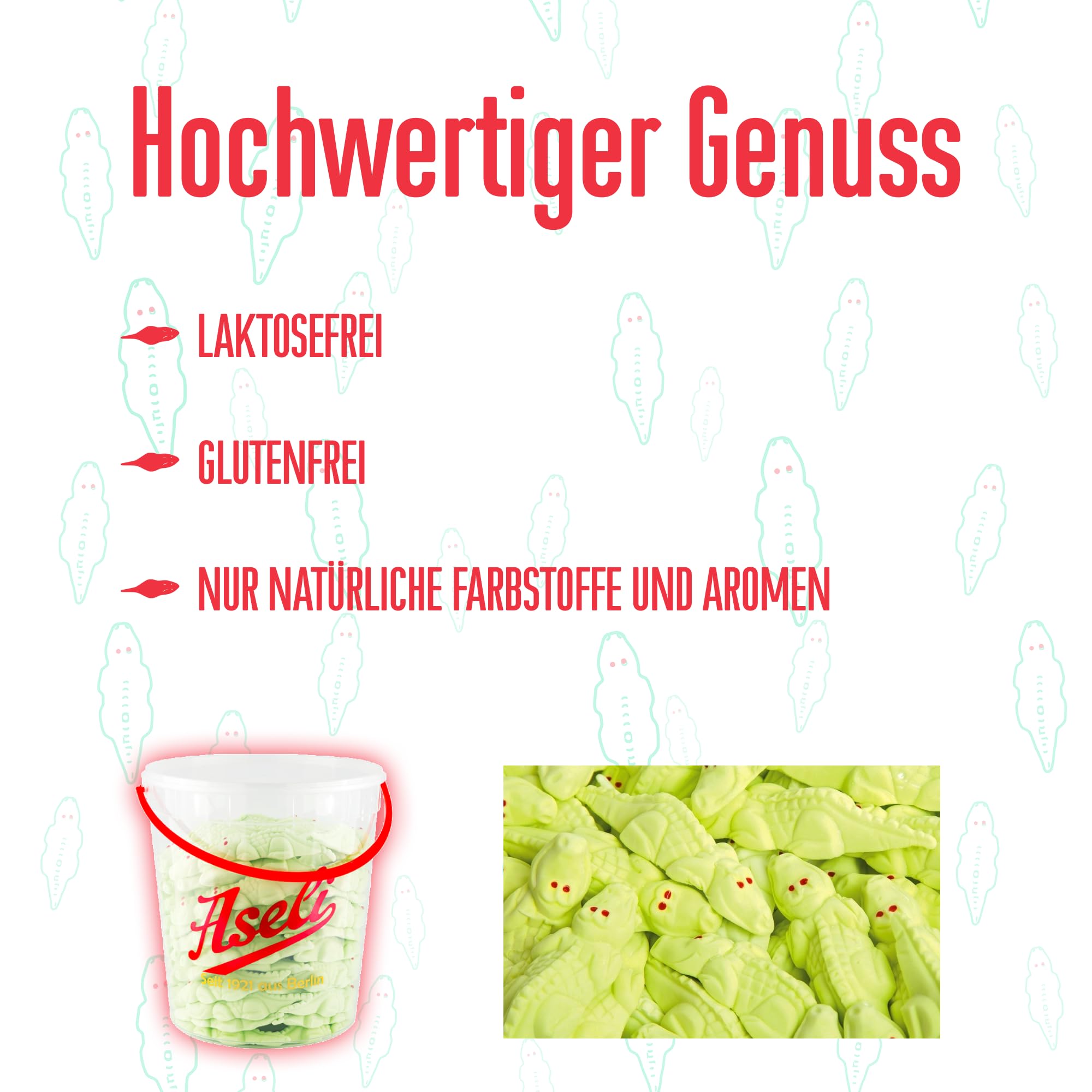 Aseli Waldmeister Krokodile aus Schaumzucker! 1100g / 1.1kg Eimer mit Henkel, nur echt mit roten Augen, direkt vom Hersteller, gluten-frei, laktose-frei