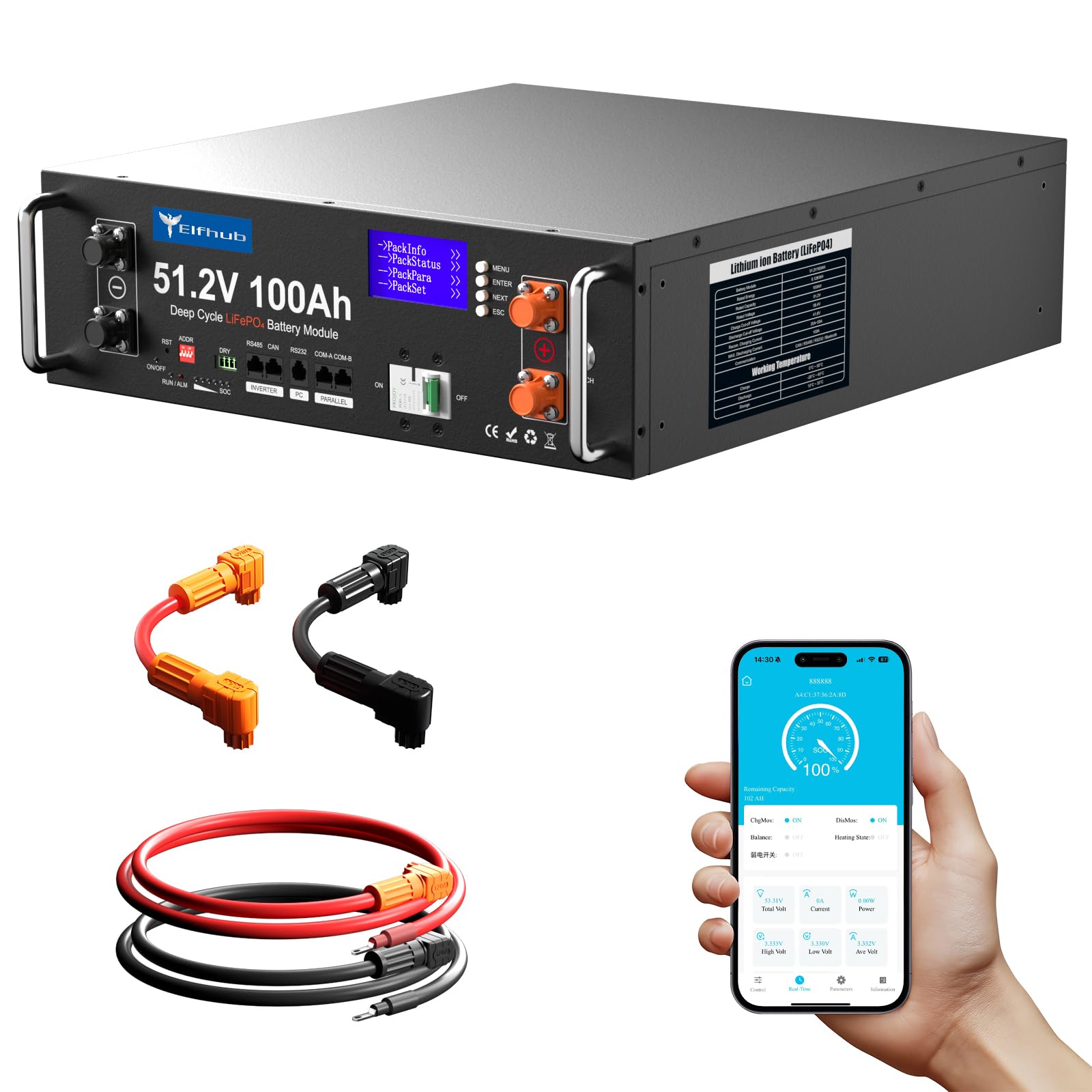 LiFePO4 48 V 100 Ah Bluetooth con 100 A BMS, 5,12 kWh 48 V batteria al litio supporto inverter di comunicazione per impianto solare, set completo, impianto fotovoltaico, camper