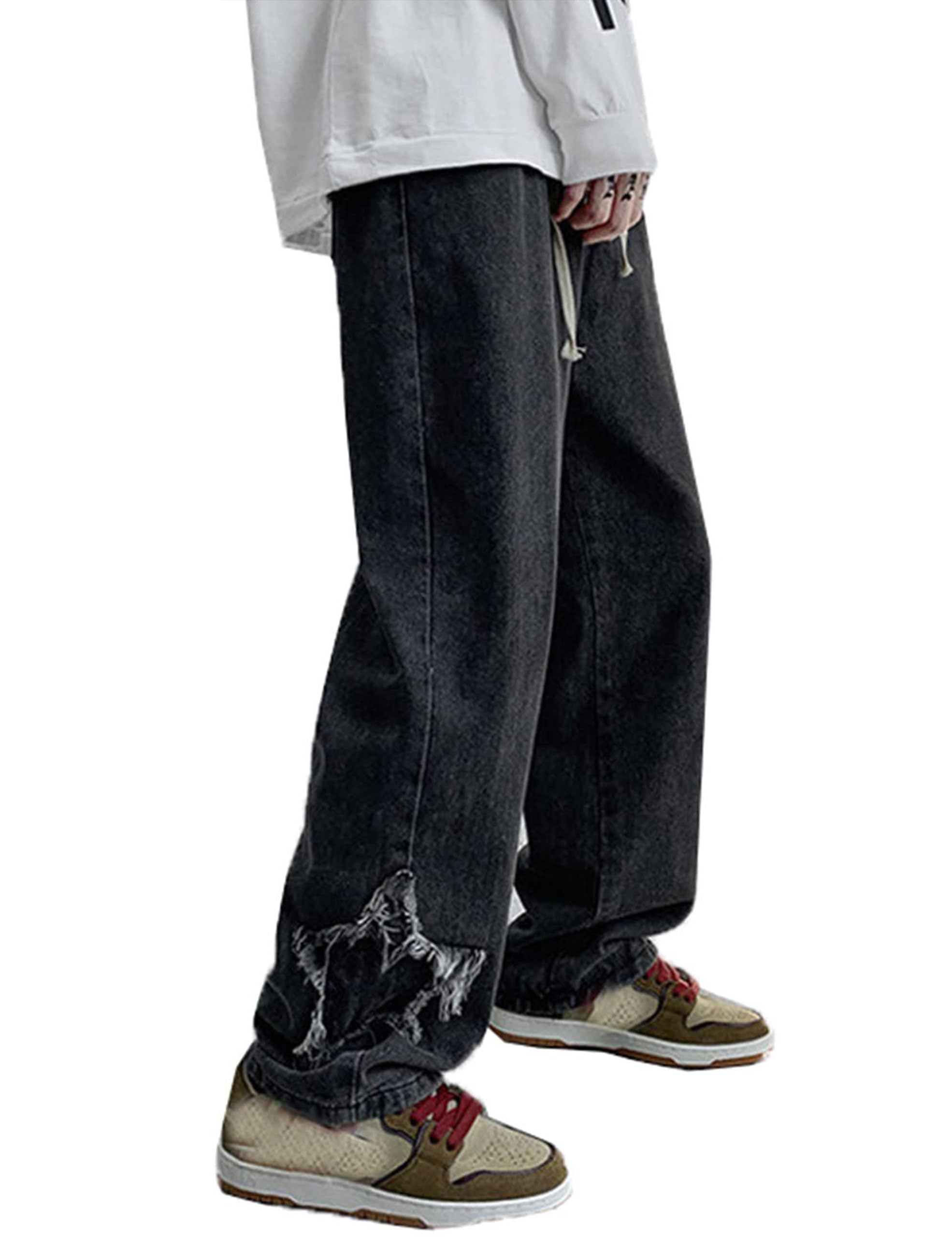 Y2k Baggy Jeans for Men,Hip Hop Grunge Demin Pants Wide Leg Loose Joggers Star Graphic Jeans