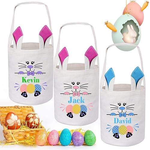 Miniatura 7 de Cesta de Pascua personalizada, paquete de 2 bolsas de cesta de conejo de Pascua personalizadas, cestas de Pascua para niños, regalos de Pascua