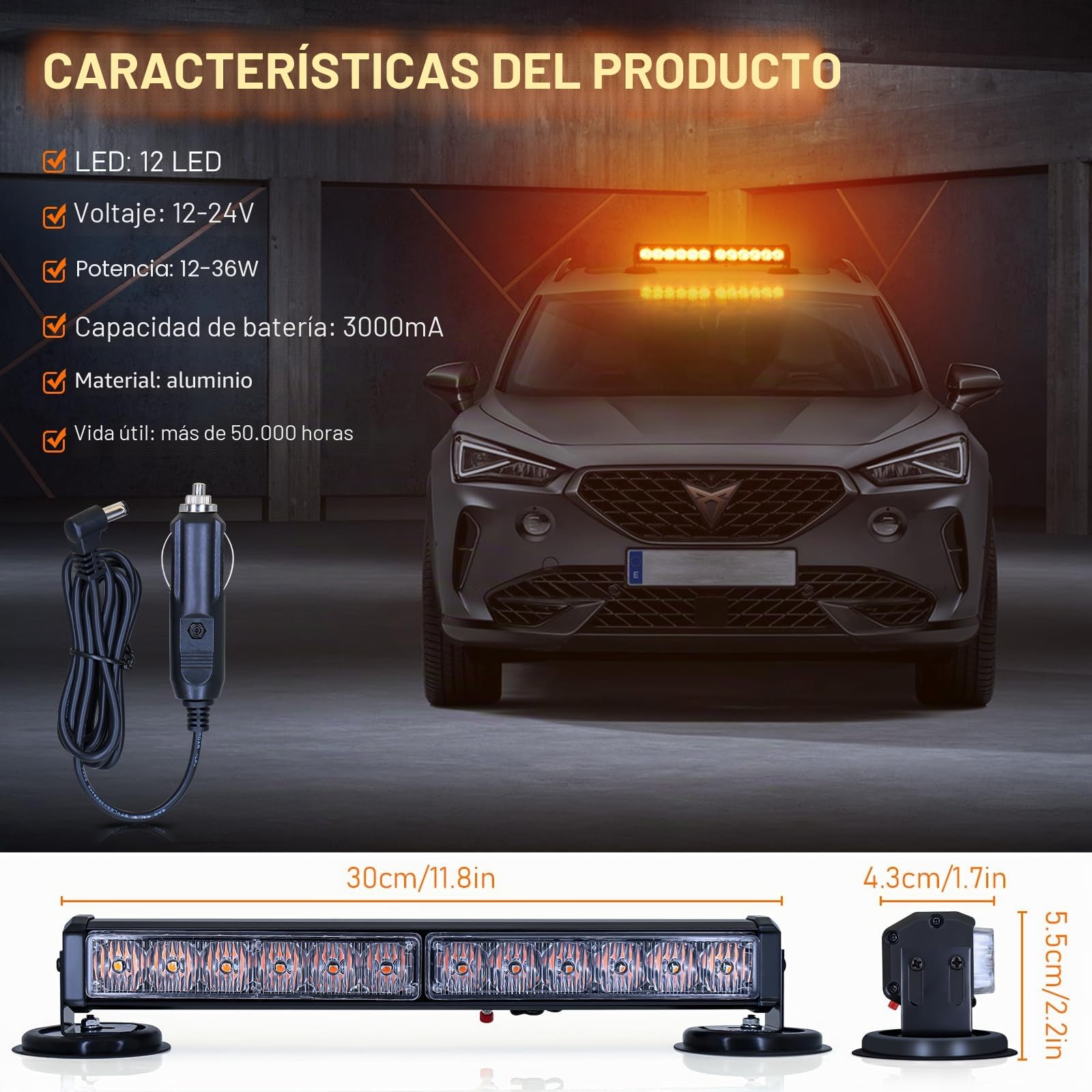 Dinfu 12 pulgadas intermitente LED de advertencia de luz amarilla de la batería de la barra de luz, 12 voltios LED intermitente, 14 patrones de parpadeo, para coches tractores camiones