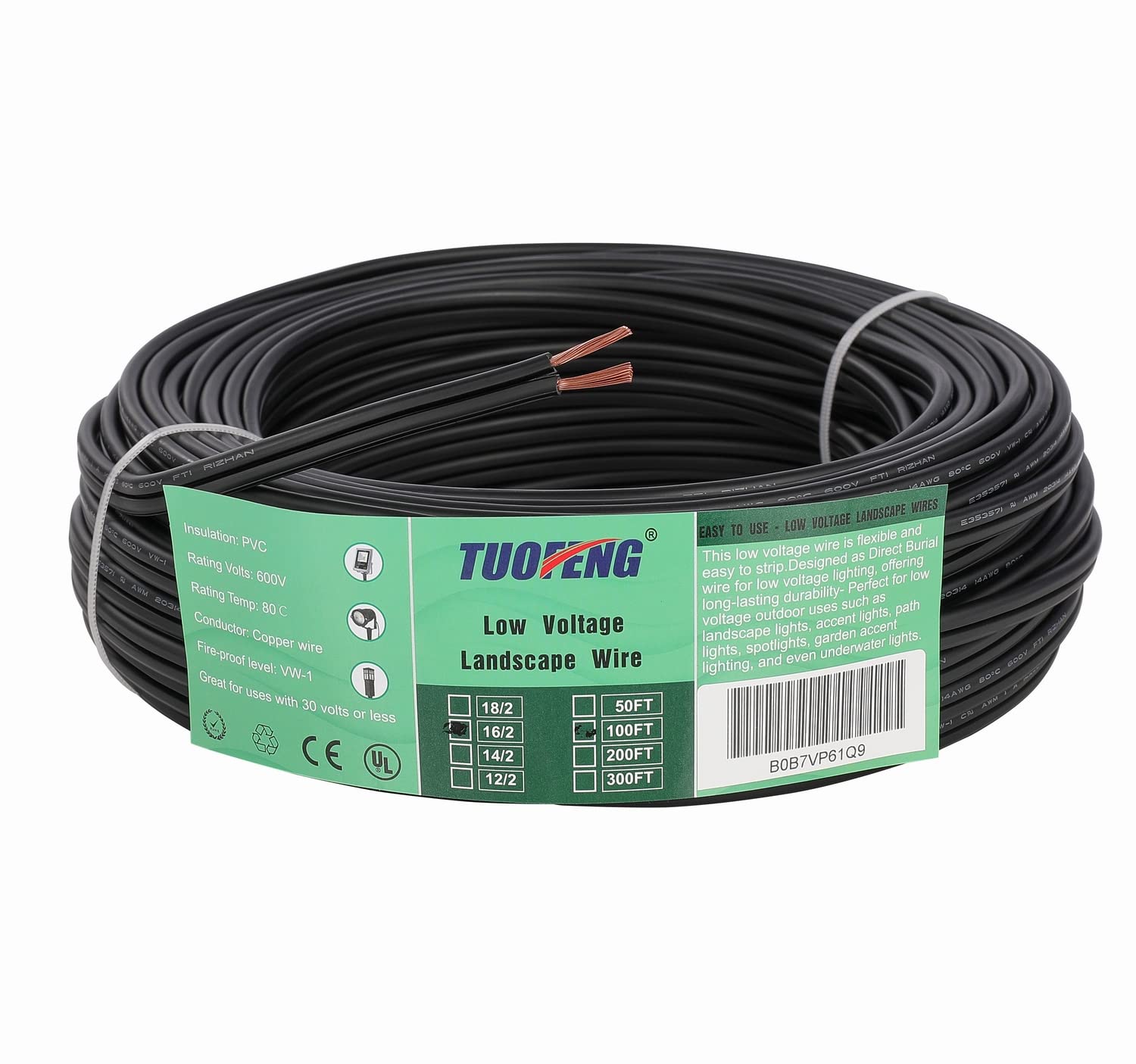 TUOFNEG Low Voltage Landscape Lighting Copper Wire 14/2-100Ft PVC Insulation, 0.33" x 0.165" Diameter 2x14AWG Cord, 176˚F Rated UL Listed Ideal for Landscape Lighting Projects