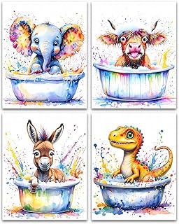 Funny Animal Wall Art Prints,Highland Cow Bathroom Wall Art,Colorful Graffiti Dinosaur Donkey Elephant Bathtub Pictures for Bathroom Home Decoration Set of 4(8"x10"Unframed)