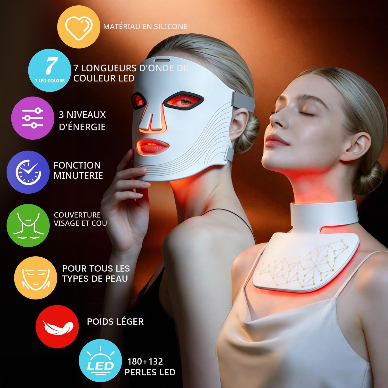 Masque LED Visage & Cou,Thérapie par Lumière Rouge à 7 Couleurs avec Minuterie Intelligente - Raffermissant, Soin Visage pour Tous Types de Peau,Blanc