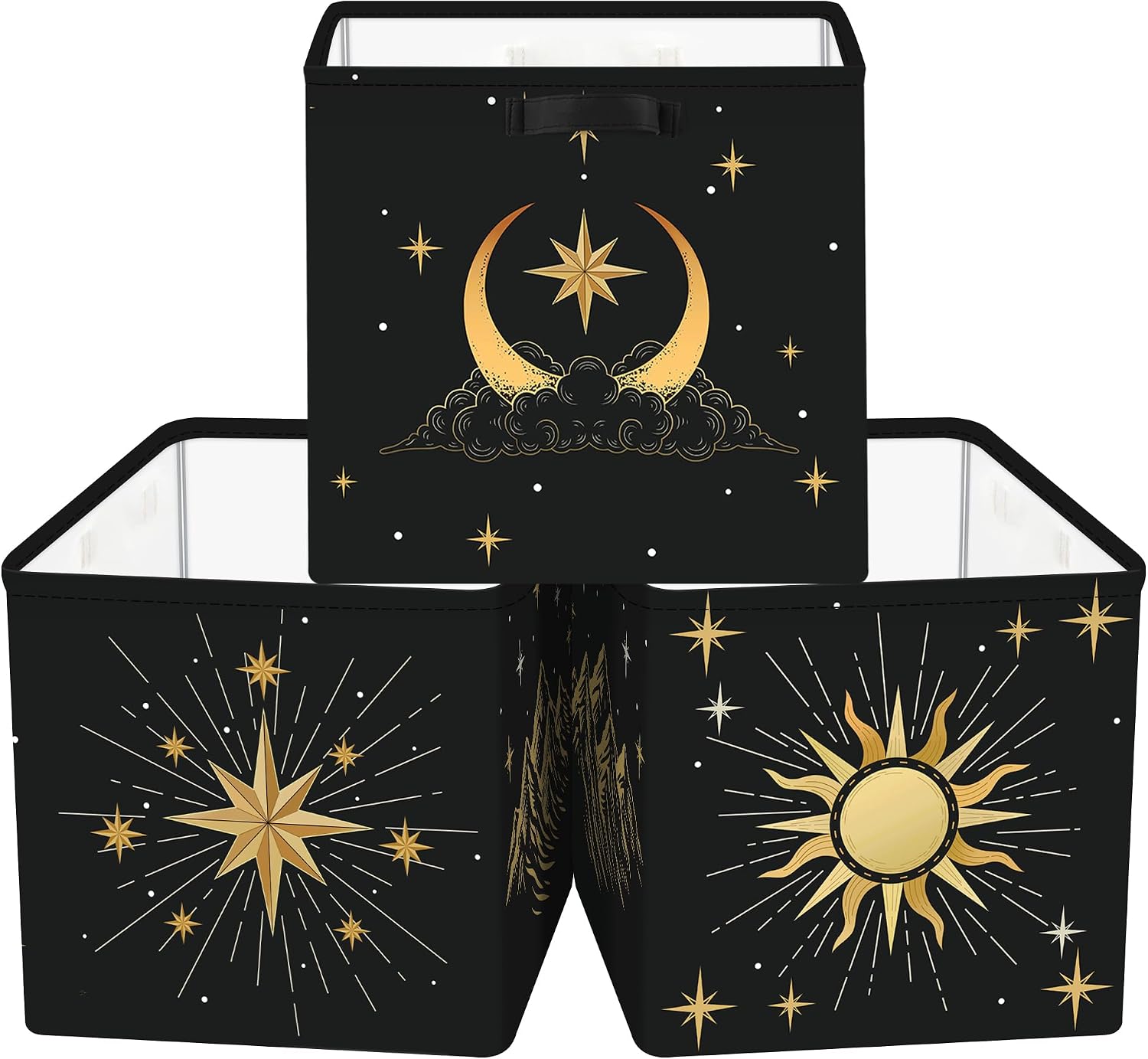 11.8" Sun Moon Celestial Storage Cube Organizer Set 3Pcs Clothes Storage Basket Bin for Closet Shelf Mid Century Modern Nursery Bedroom Book Toy Chest, Black Gold
