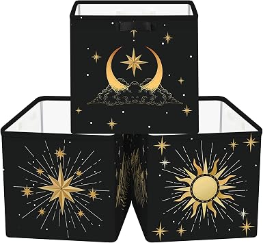 11.8" Sun Moon Celestial Storage Cube Organizer Set 3Pcs Clothes Storage Basket Bin for Closet Shelf Mid Century Modern Nursery Bedroom Book Toy Chest, Black Gold
