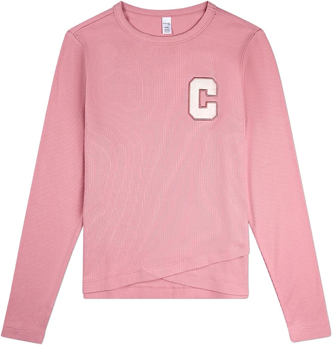 MeMoi Girls Ribbed C-Patch Crossover Hem Long Sleeve T-Shirt Blush XS