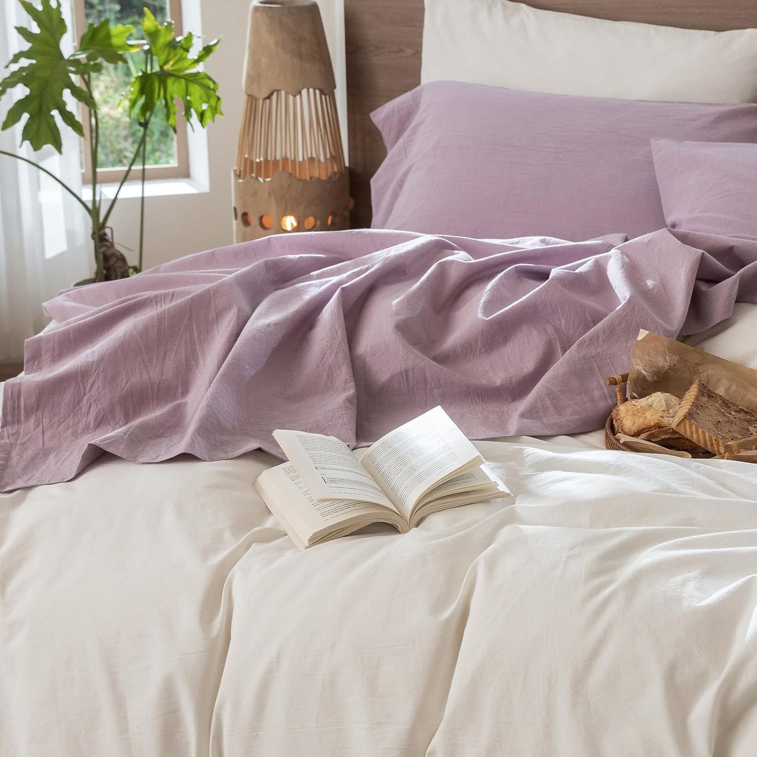 MooMee Flat Top Sheet Only 100% Washed Cotton Linen Like Textured Breathable Durable Soft Comfy (Light Purple, Queen)