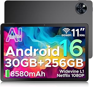 U11 Pro Tablette 11 Pouces,Tablette Android 16, 30GB RAM+256GB ROM/TF 2TB, Batterie 8580mAh, Octa-Core T7200 90Hz,13MP Caméra, Tablette Tactile 1080P/5G WiFi/OTG/Face ID,Noir