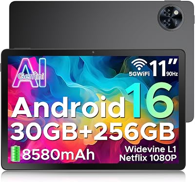 U11 Pro Tablette 11 Pouces,Tablette Android 16, 30GB RAM+256GB ROM/TF 2TB, Batterie 8580mAh, Octa-Core T7200 90Hz,13MP Caméra, Tablette Tactile 1080P/5G WiFi/OTG/Face ID,Noir
