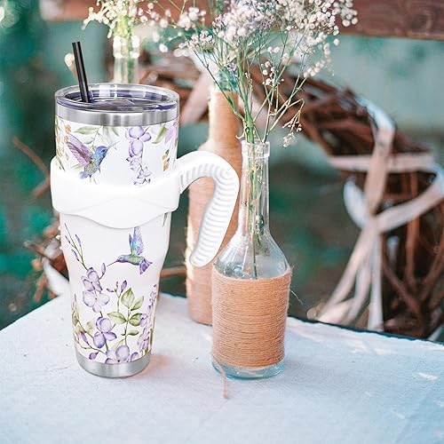 Miniatura 5 de Hummingbird - Vaso de 40 onzas con asa y pajita, vaso de acero inoxidable grande aislado al vacío con diseño floral de pájaro, taza de café, botella