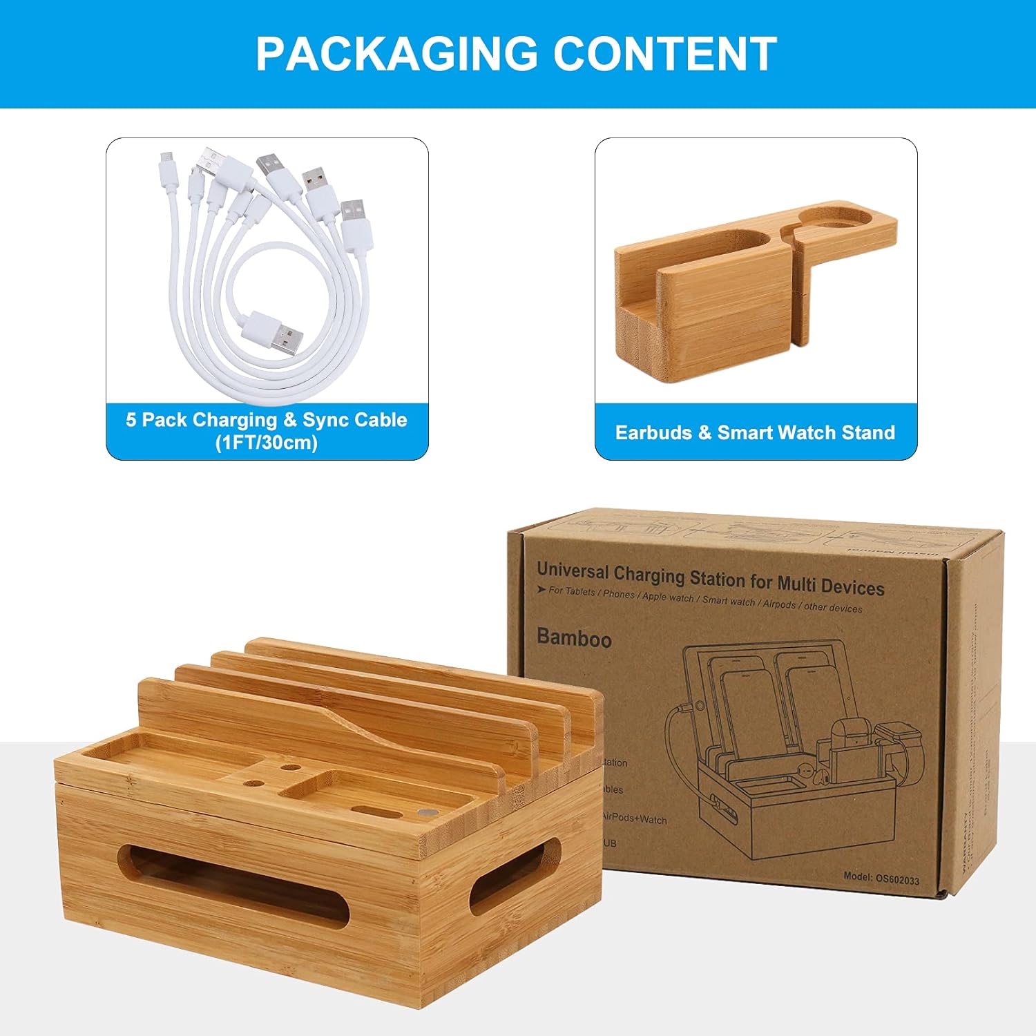 Flash Sale Bamboo Charging Station for Multiple Devices - Pezin & Hulin Electronic Docking Station Organizer for Smartphone, Smart Watch, Earbuds, Tablet (Included 5 Charging Cables, No Power Supply)