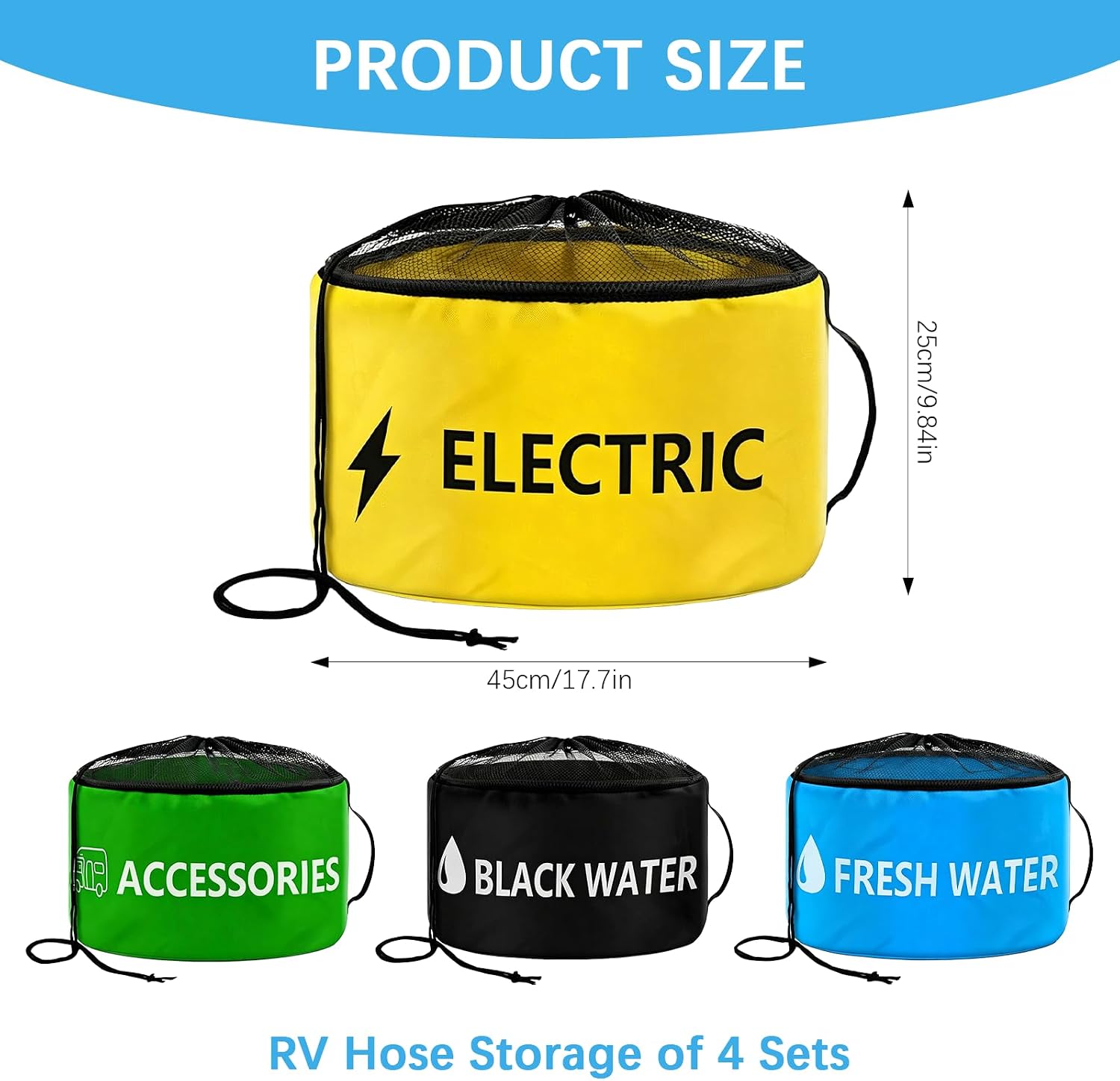 4 Pack Waterproof RV Hose Bag Storage, RV Utility Bag for Sewer Hose, Camper Storage Bags 4 Colors for Sewer and Fresh Water Hoses, Electrical Cords, Camper Tools Accessories