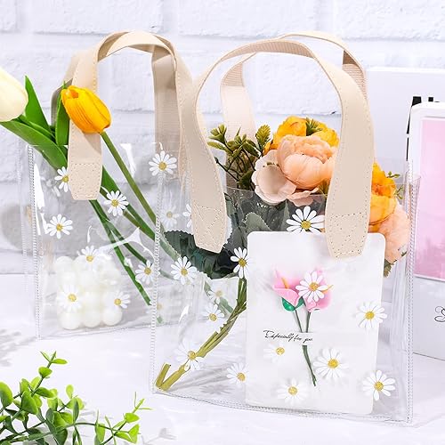 Miniatura 3 de Whaline 12 bolsas de regalo de PVC transparente con asa, bolsas de regalo de dama de honor, lindas margaritas, reutilizables, transparentes, bolsa