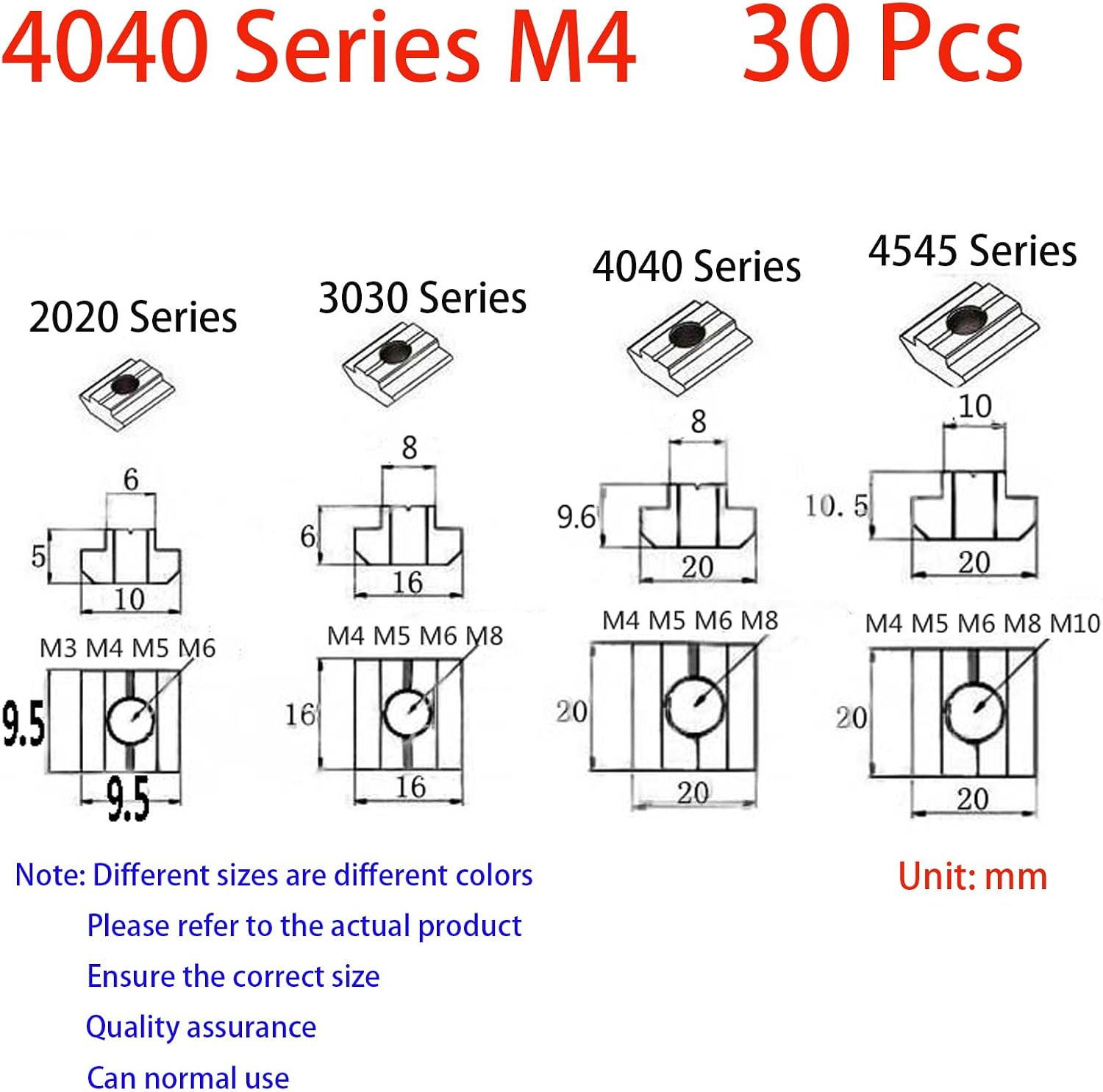 30Pcs 4040 Series T Sliding Nuts Hammer Nut Block Square Nuts M4 T Nuts for 4040 Aluminum Extrusion Profiles T Slot 8mm，for CNC Router Build Rail 3D Printer (m4)
