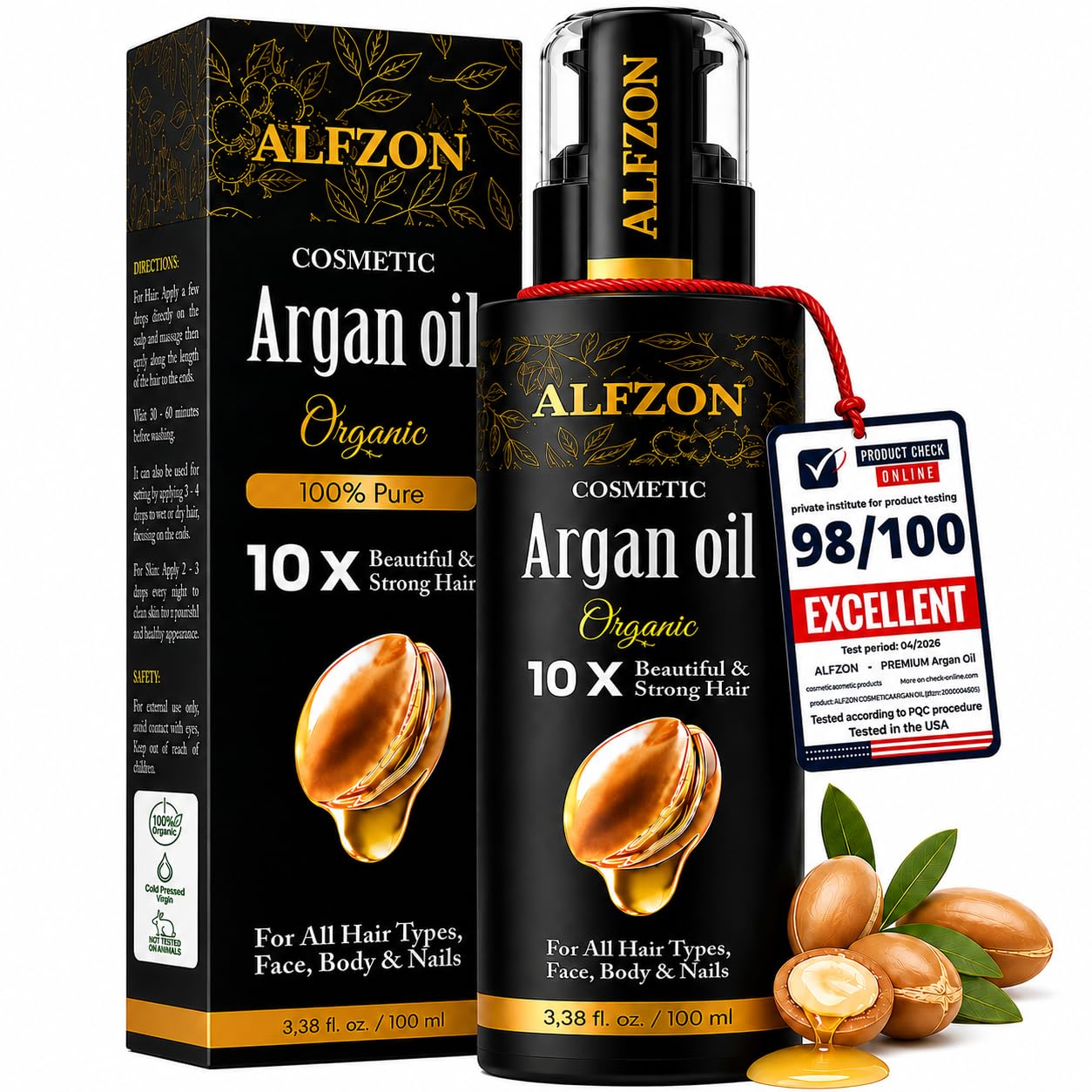 Moroccan Argan Oil, Organ Oil of Morocco for Hair, Dry & Frizzy Hair, Face, Beard & Skin, 100% Pure Cold Pressed
