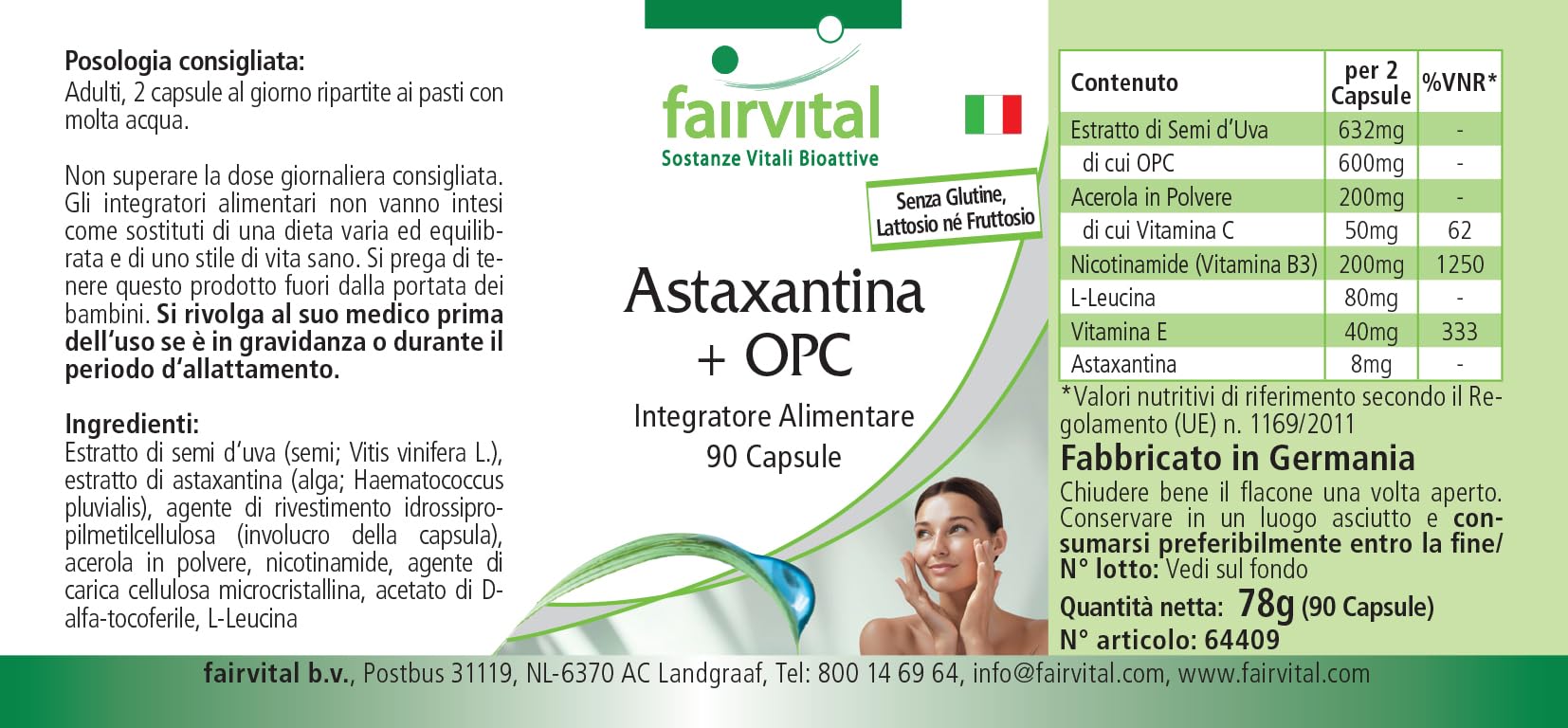 fairvital Astaxanthine + OPC, 90 gélules, avec vitamine c d'acerola, nicotinamide (vitamine B3) et vitamine E, qualité certifiée et hautement dosé, 100% végétalien, fabriqué en Allemagne