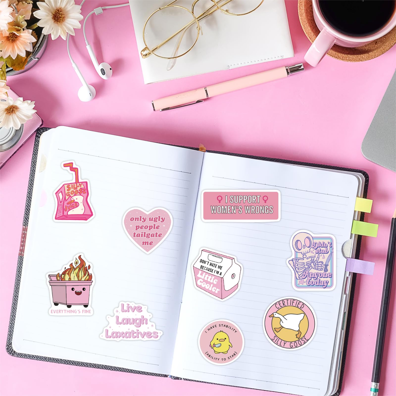 50 calcomanías divertidas rosas para adultos, calcomanías de meme rosa para mujeres, calcomanías impermeables para botellas de agua, laptop, álbumes de recortes, regalos divertidos para adultos