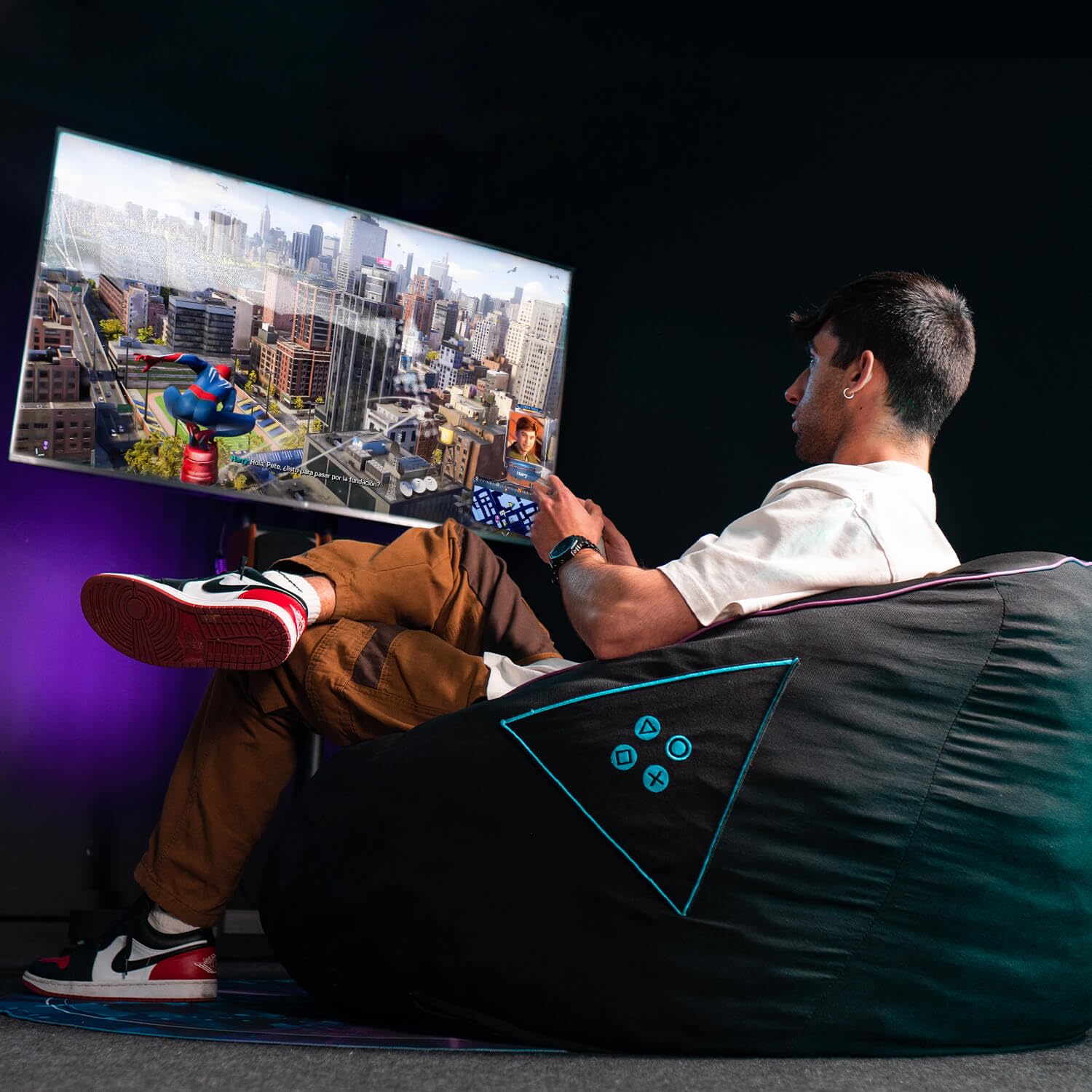 Woxter Stinger Puff Gaming - Ergonómico, Sillón para Juegos, Relleno Incluido, Tela Antimanchas y Transpirable, (Black & Blue)