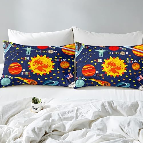 Vista 17 de Feelyou Juego de sábanas espaciales para niños, juego de ropa de cama de galaxia para niños y niñas, sábanas de planeta del universo, 1 sábana