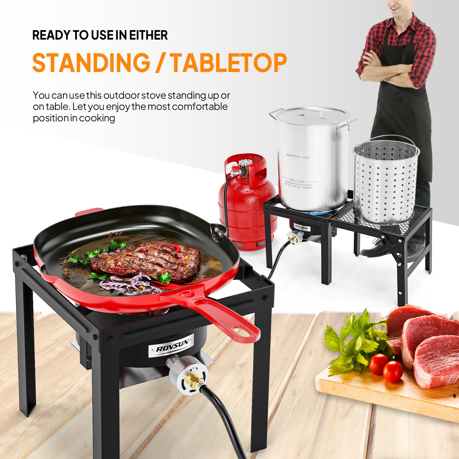 ROVSUN Estufa de gas propano portátil con estante lateral plegable, estufa de campamento de un solo quemador para cocinar al aire libre, camping, portón trasero, enlatado, freír pavo y hervir mariscos