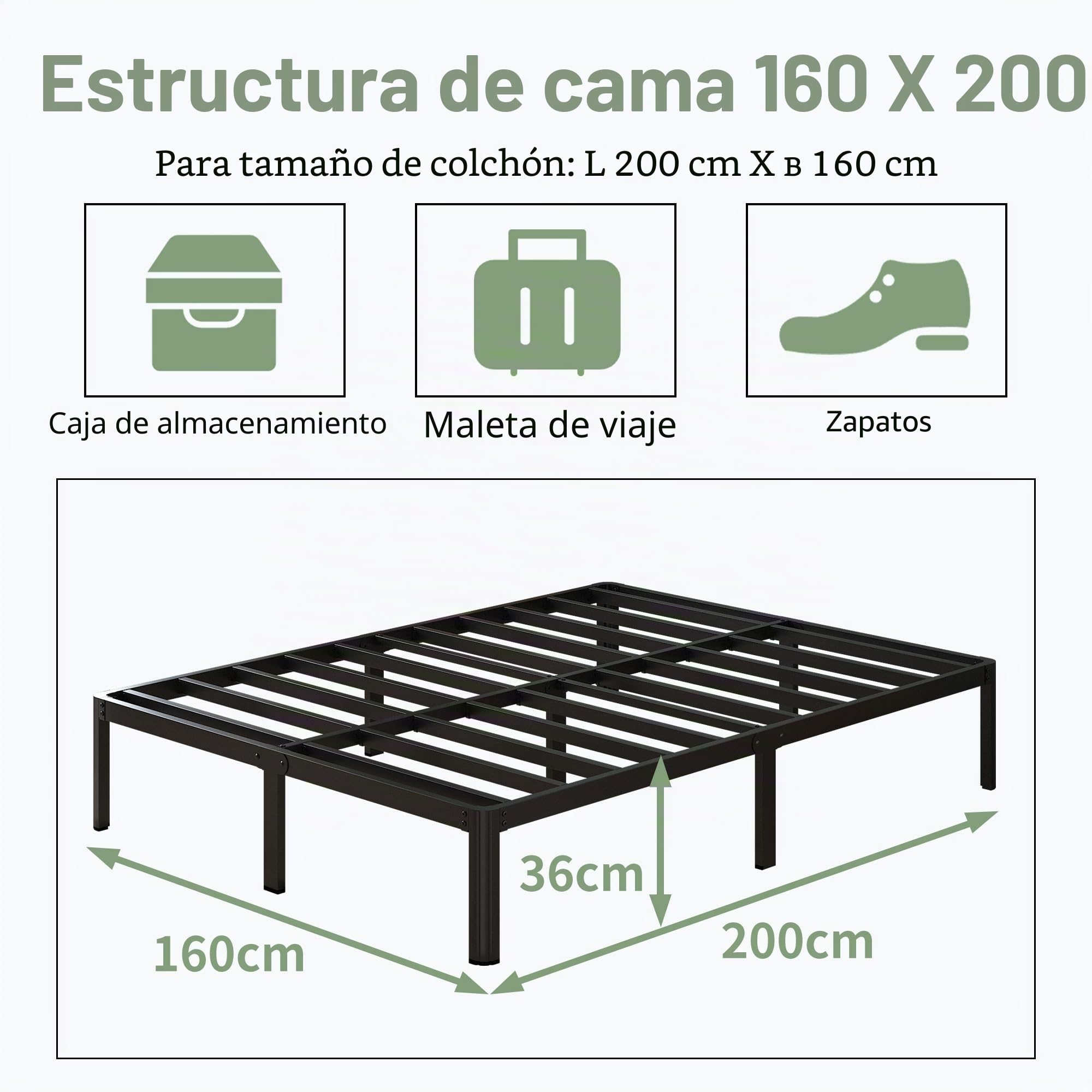 Lutown-Teen Cama de Metal de 160 x 200 cm con Patas Redondas, 36 cm de Altura, Marco de Cama con somier de láminas de Metal, Negro
