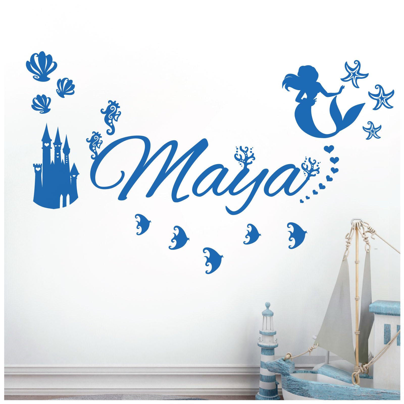 Personalised Name - Little Mermaid Inspired, Ocean, Castle, Starfish - Children's Bedroom Vinyl Wall Decal Sticker [Medium] [Marina] — image 1