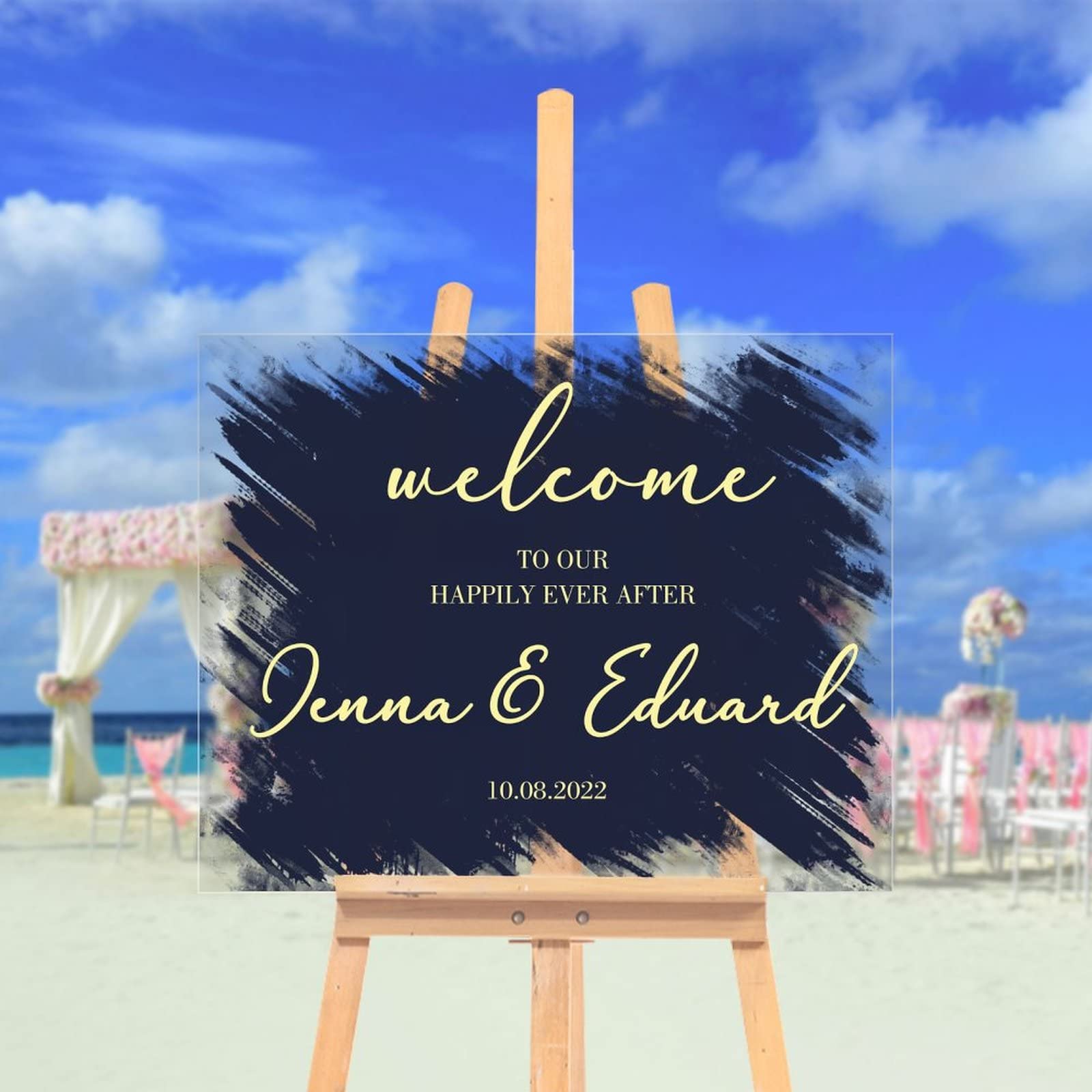 Cartel de bienvenida de boda personalizado en acrílico azul para ceremonias