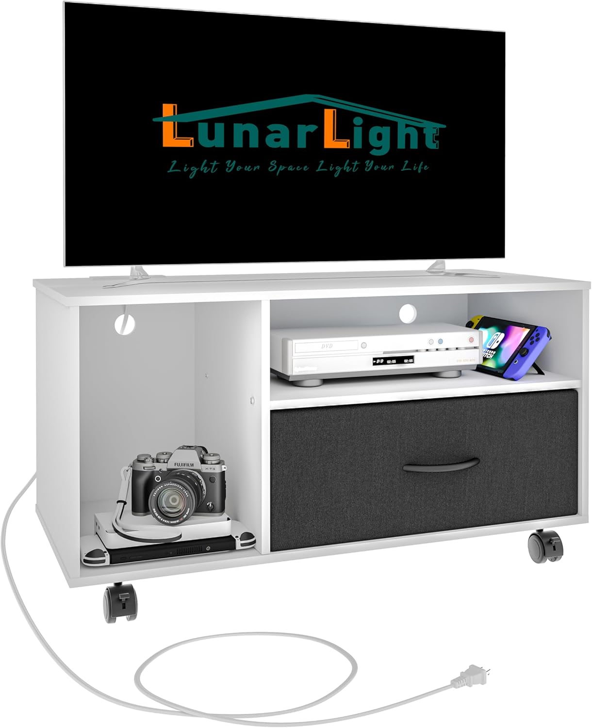 LunarLight テレビ台 TVラック テレビボード ローボード チェスト コンセント付き 引き出し付き 多機能収納ボックス 幅80奥行38高さ45cm 32型42型テレビ適合 収納 カラーボックス オープンラック 組立簡単 耐震転倒防止 耐荷重150kg (ホワイト)