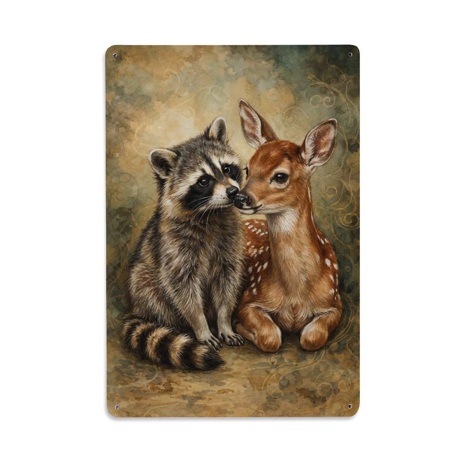 Vintage Animal Cute Raccoon & Fawn Animal Friendship Metal Tin Sign