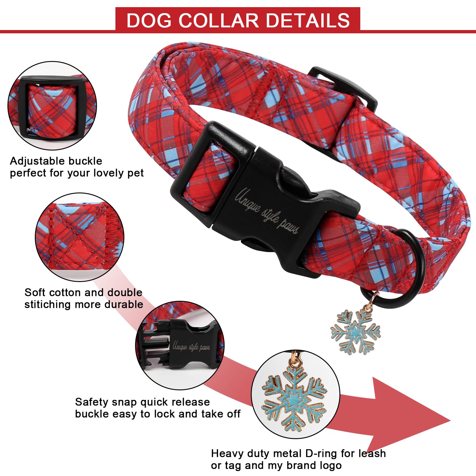 Unique style paws Red Plaid Christmas Dog Collar with Snowflake Charm, Classic Tartan Puppy Collars - Image 3