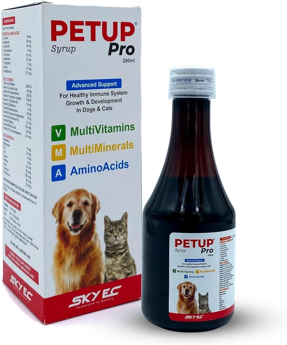 Skyec Petup Pro Syrup Multi-Vitamin Multi-Oxidant Multi-Minerals Amino Acids Supplement for Dogs and Cats 200Ml, Liquid