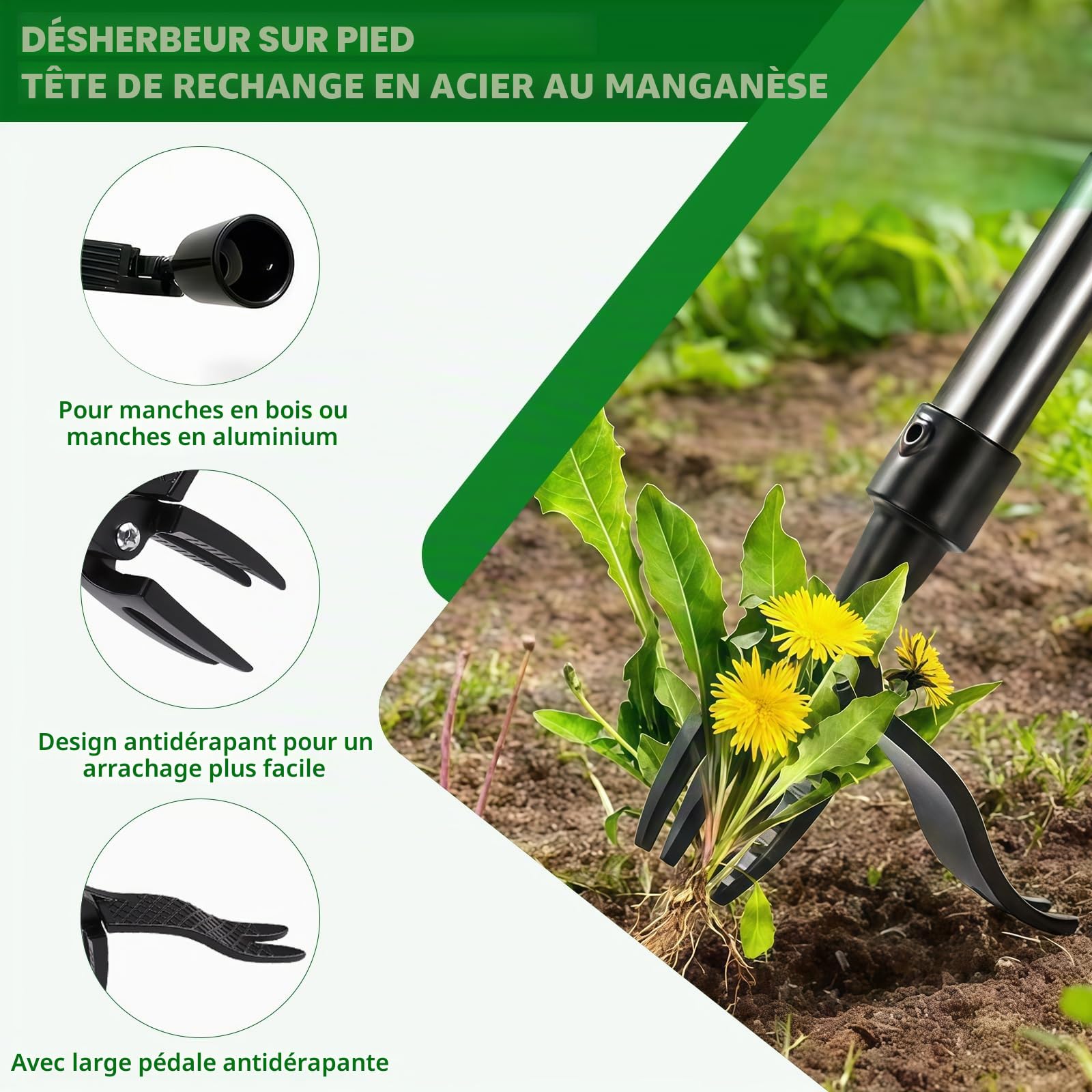 Désherbeur manuel sur pied en acier au manganèse, extracteur de racines à 4 griffes pour jardin et pelouse, arrache-mauvaises herbes ergonomique, désherbeur efficace pour pissenlits et chardons