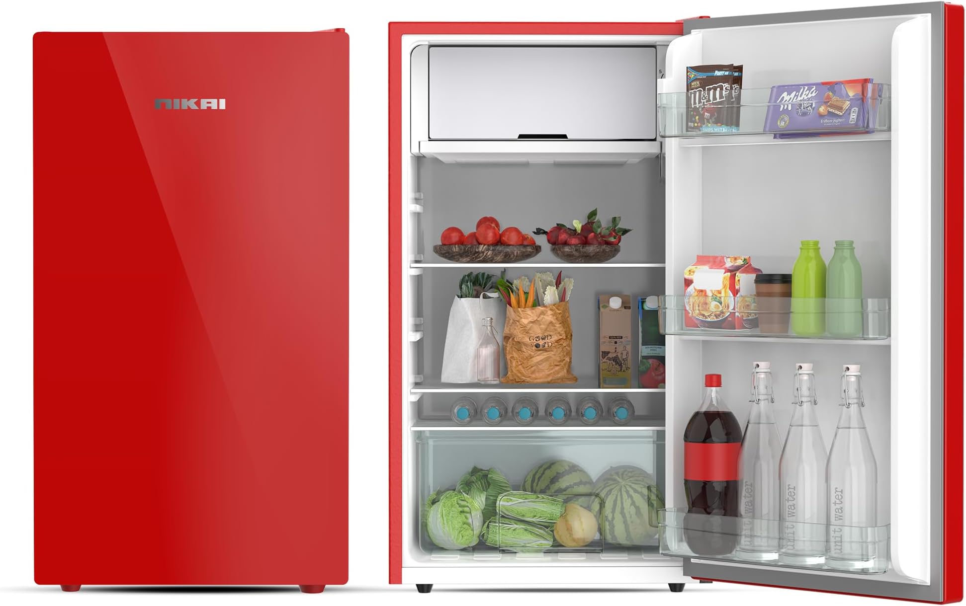 Nikai 140L Gross / 90L Net, Single Door Refrigerator with Glass Finish, 2L Bottle Holder, Glass Shelves, Separate Chiller Compartment, Mini Fridge for Kitchen, Bedroom, Office & Bar - NRF140GR (Red)