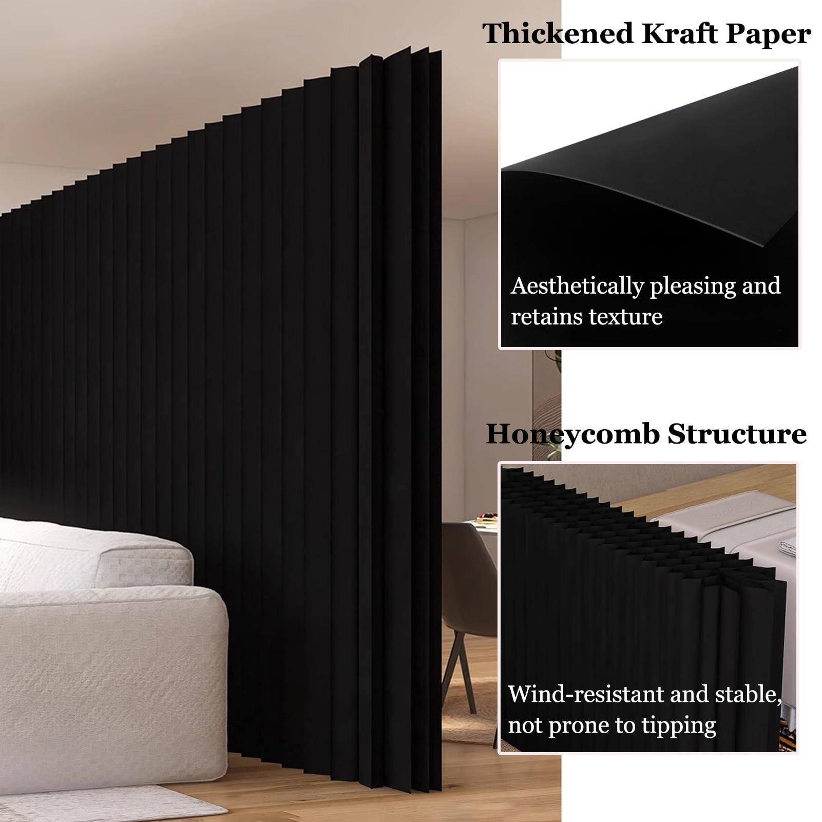 Raumteiler, moderner, schwarzer, Faltbarer Raumteiler aus Papier(4x1.8 m/13.12x5.9 ft)