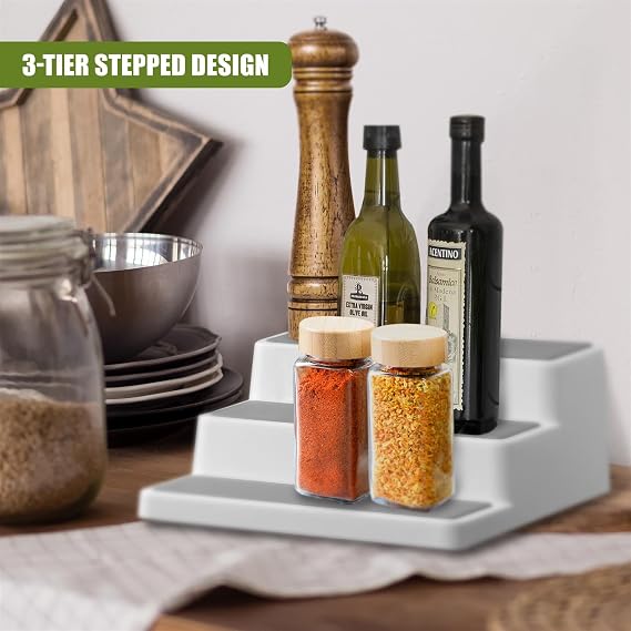 GEEZY 3 Tier Spice Rack for Inside Cupboard - Non Slip Kitchen Cupboard Organiser, Tiered Shelf for Jars Tins Cans Seasonings & Condiments - Space Saving Countertop & Pantry Organiser 19.5x24.5x8.5cm
