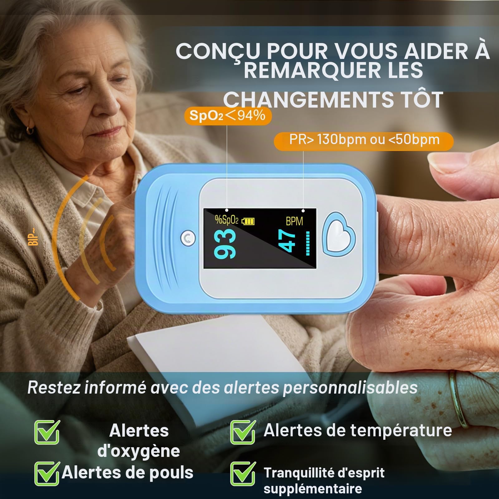 AM801 Saturomètre Oxymètre de Doigt Professionnel Certifié, Pulsomètre Cliniquement Validé, 5 en 1 Mesure de l'Oxygène Sanguin, Température, Fréquence Cardiaque, PI, PPG, Certifié CE0123