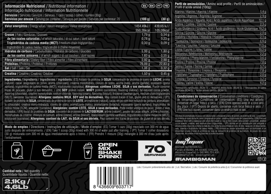BigMan | Pack FORZA PROTEIN 2kg +100g REGALO + CREATINA 300 GR | Proteína 80% | Aislado proteína Soja + Concentrado Whey | Creatina | Alto Contenido en Proteínas (chocolate avellana) — view 7