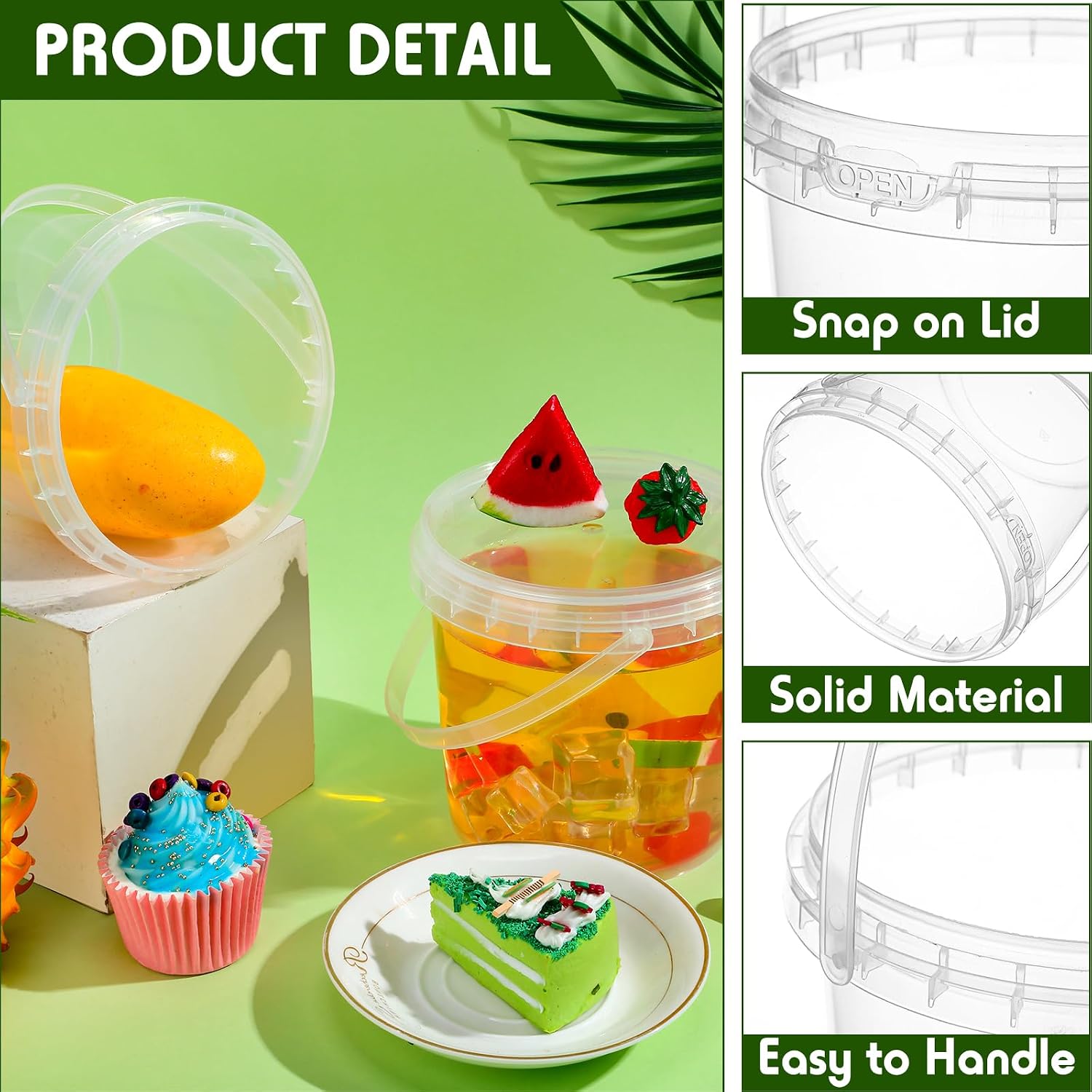 Mifoci 50 Pcs 32 oz Plastic Clear Bucket with Lid and Handle Round Drink Buckets Ice Cream Tub Airtight Food Storage Containers Reusable Pails, Freezer Safe for Summer Party Kitchen Drinks Home
