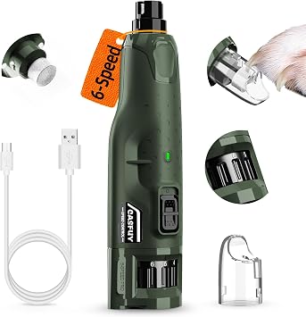 Casfuy Dog Nail Grinder Quiet - 45db 6-Speed Pet Nail Grinder with 2 LED Lights for Large Medium Small Puppy Dogs/Cats, Professional 3 Ports Rechargeable Electric Dog Nail Trimmer with Dust Cap