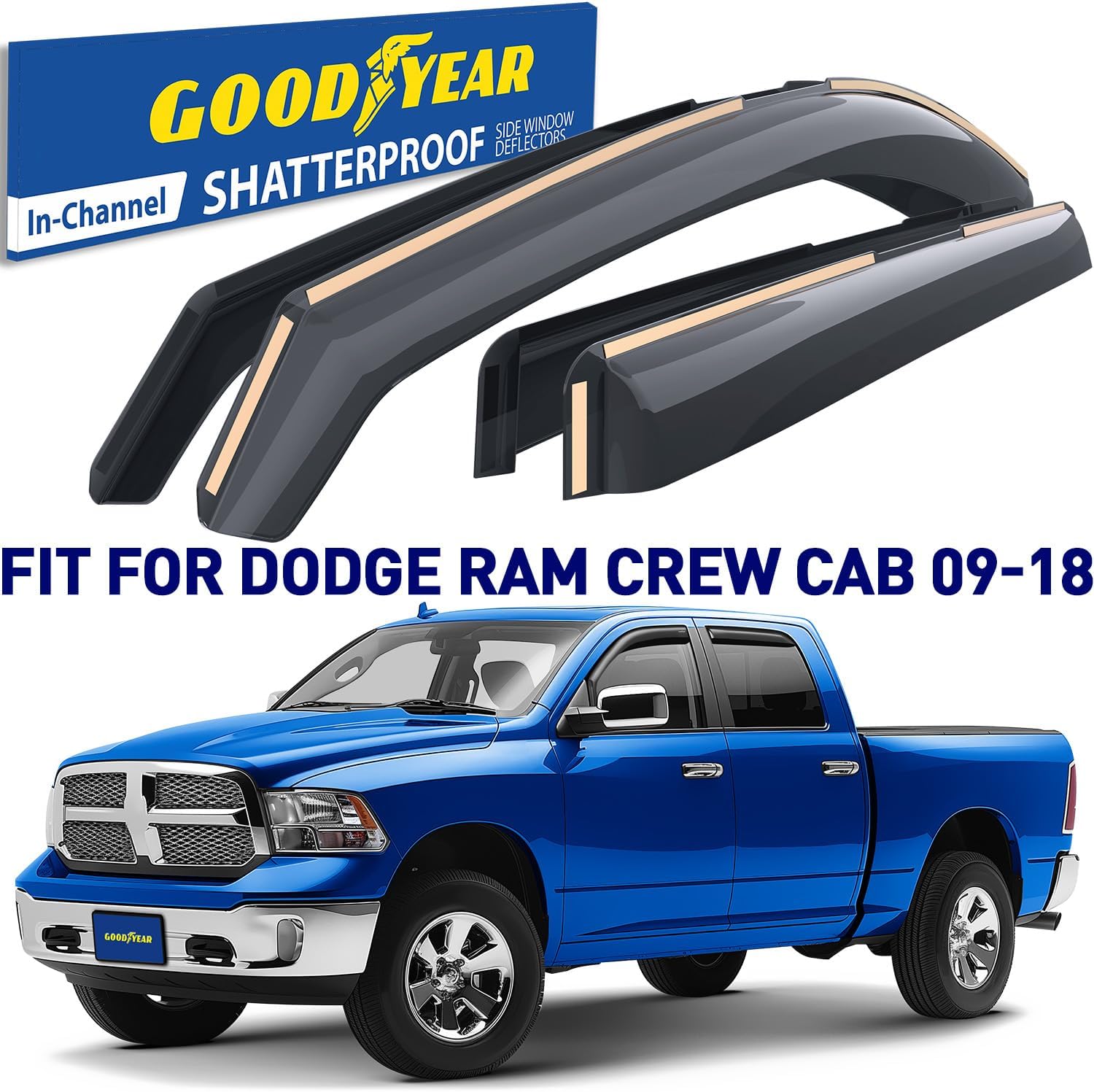 Goodyear Shatterproof in-Channel Window Deflectors for Trucks Dodge RAM 1500 2500 3500 2009-2018 Crew Cab, Rain Guards, Window Visors for Cars, Vent Deflector, Truck Accessories, 4 pcs- GY003404