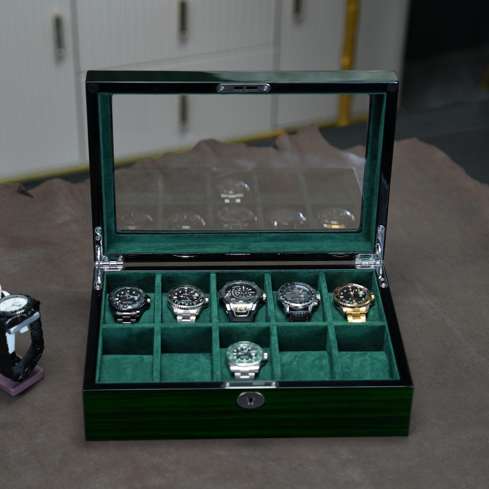 Caja organizadora de relojes para hombre, 10 relojes, pantalla de reloj inteligente, madera con interior de terciopelo suave, ventana de cristal grande, regalo para mujeres y hombres
