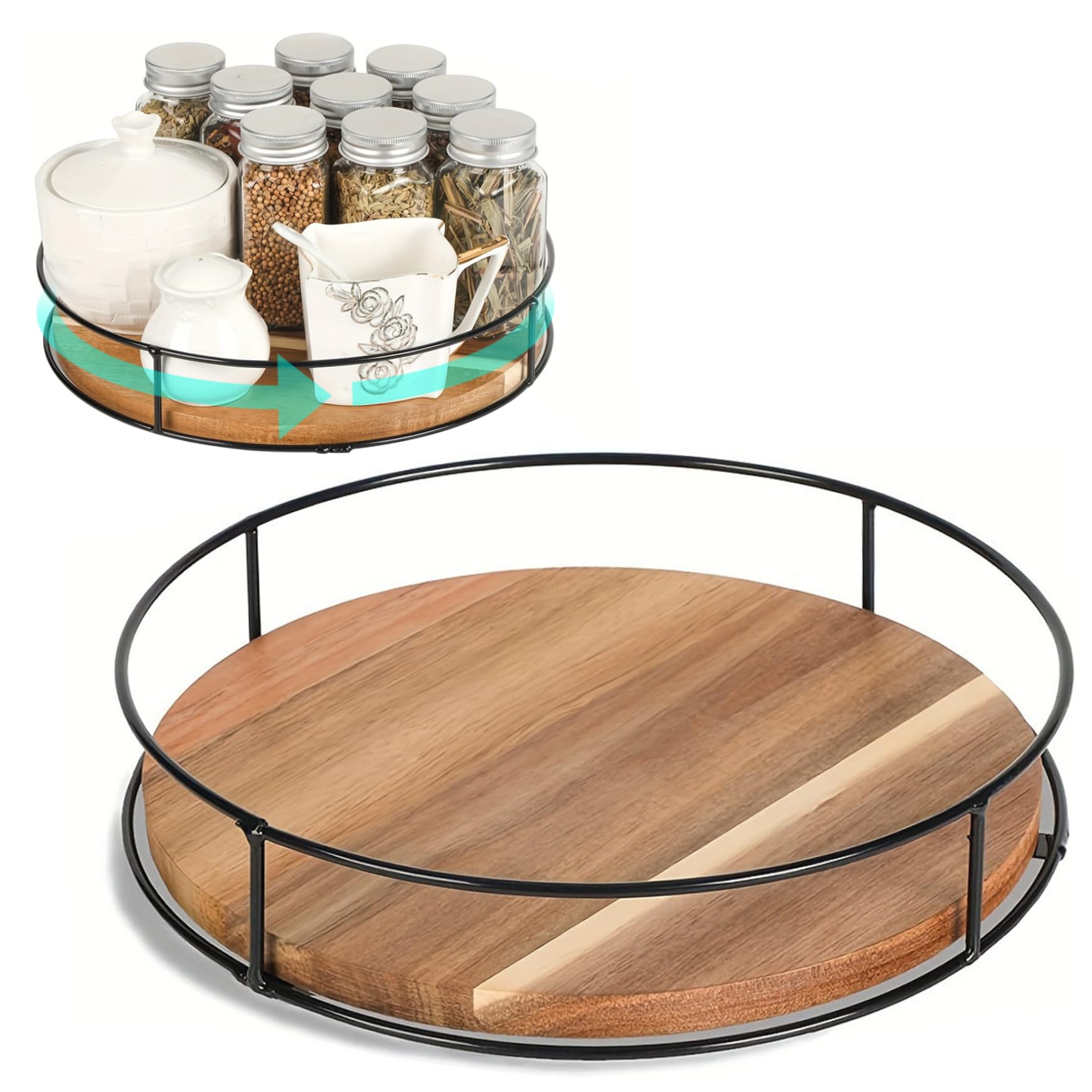 Hbbgdiy Turntable Organizer 360° Rotating Lazy Susan Spice Rack 9 Inch Round Wooden Tray for Kitchen Countertop, Cabinet, Pantry, Table, Vanity Storage and Display
