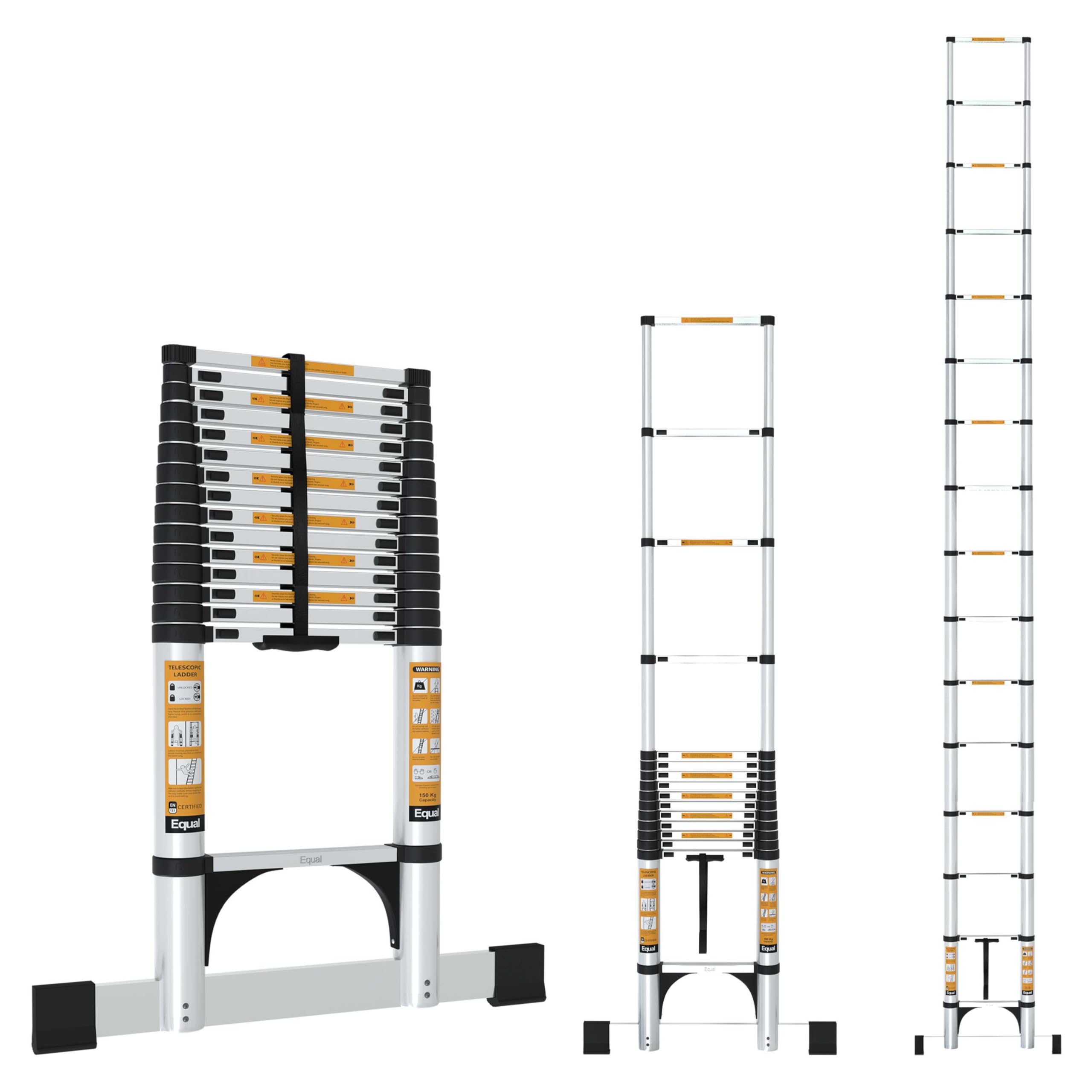 Equal 23.6 FT Aluminum Folding Telescopic Ladder with 2 Triangle Support & Stabilizers | EN131 Certified with 2 Year Warranty | 150kg Max Capacity | Ladder for Home or Outdoor Work (7.2m/16 Step)