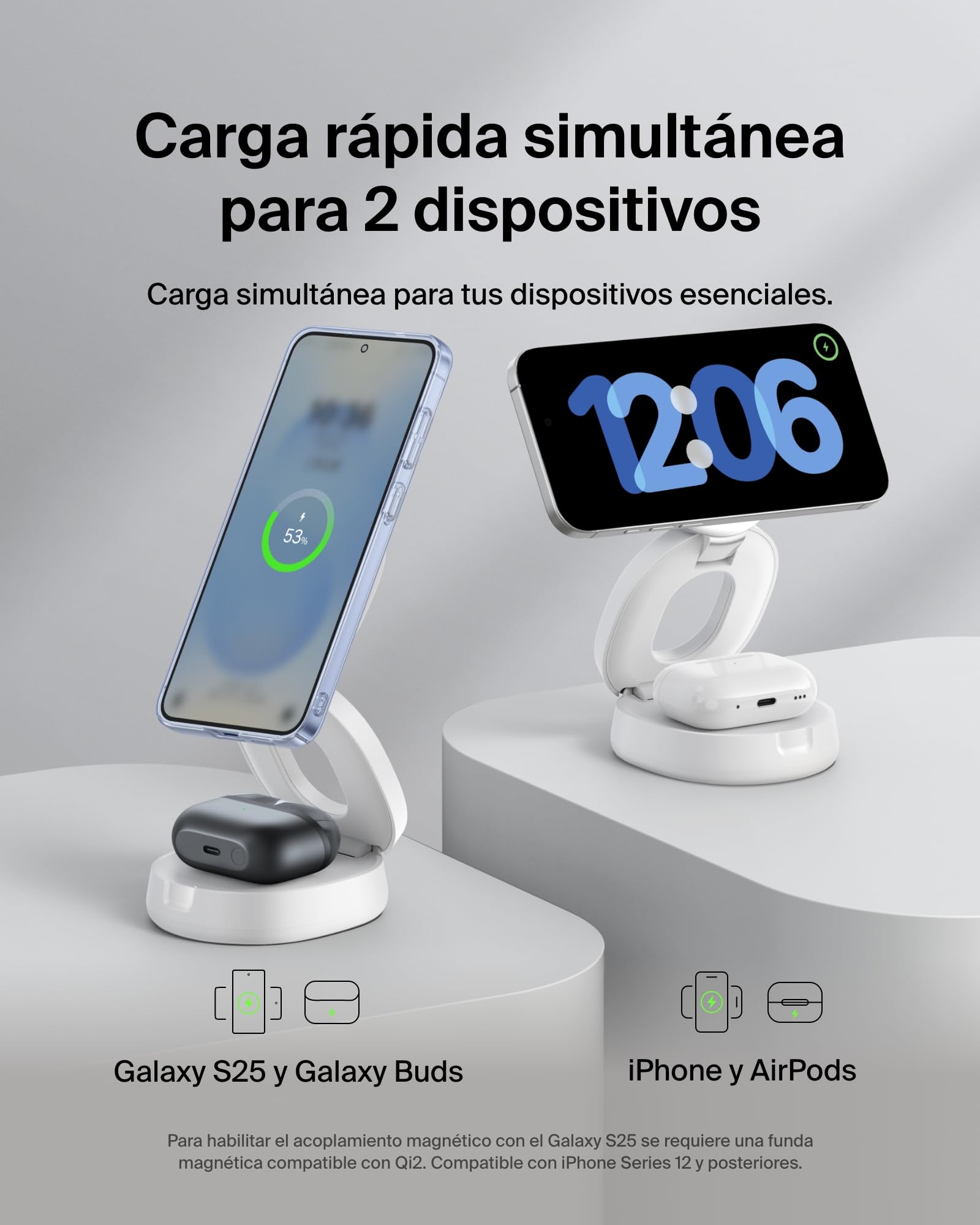 Belkin BoostCharge Cargador Inalámbrico 2 en 1, Estación de Carga Plegable 15W, Qi2 Compatible con MagSafe, iPhone 17, Air, AirPods, Pixelsnap, Fuente de alimentación de 30W - Blanco