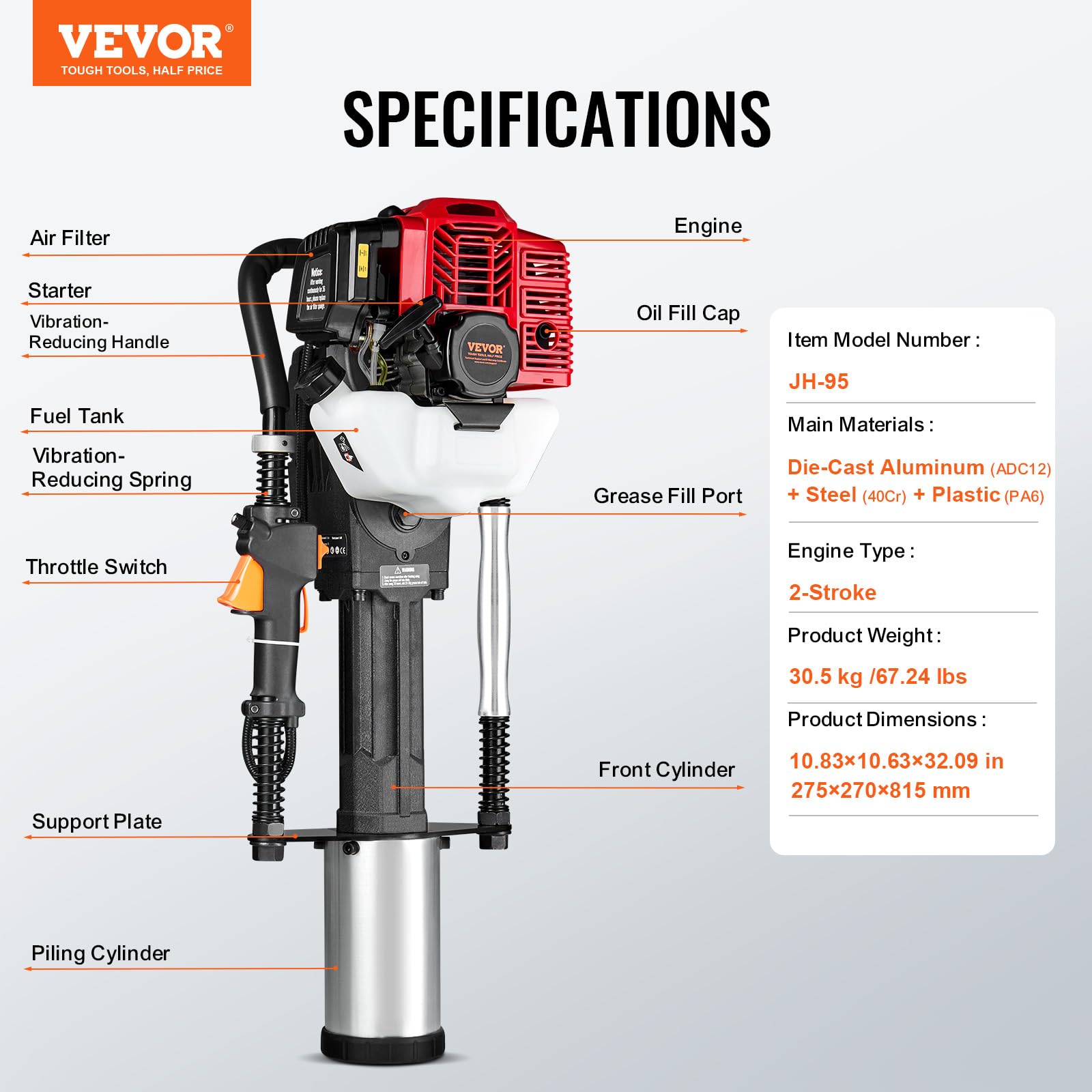 VEVOR 52cc Battipalo a Benzina a T, Battipalo per Recinzioni a Benzina con Motore 2 Tempi, Battipalo Portatile 1400 W con Testa di Guida 3 Pali (49/69/100 mm), per Fattorie, Recinzioni per Ranch