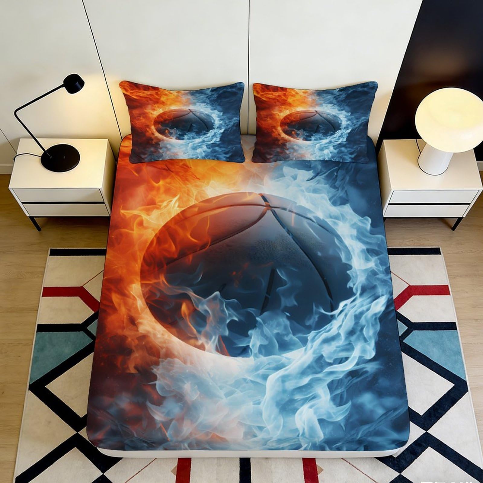 3D Printed Fire and Ice Basketball Fitted Sheet Microfiber Durable Soft Breathable Flame Design Bed Cover with Mattress Protection for Bedroom Dorm Guest 160x200x25cm