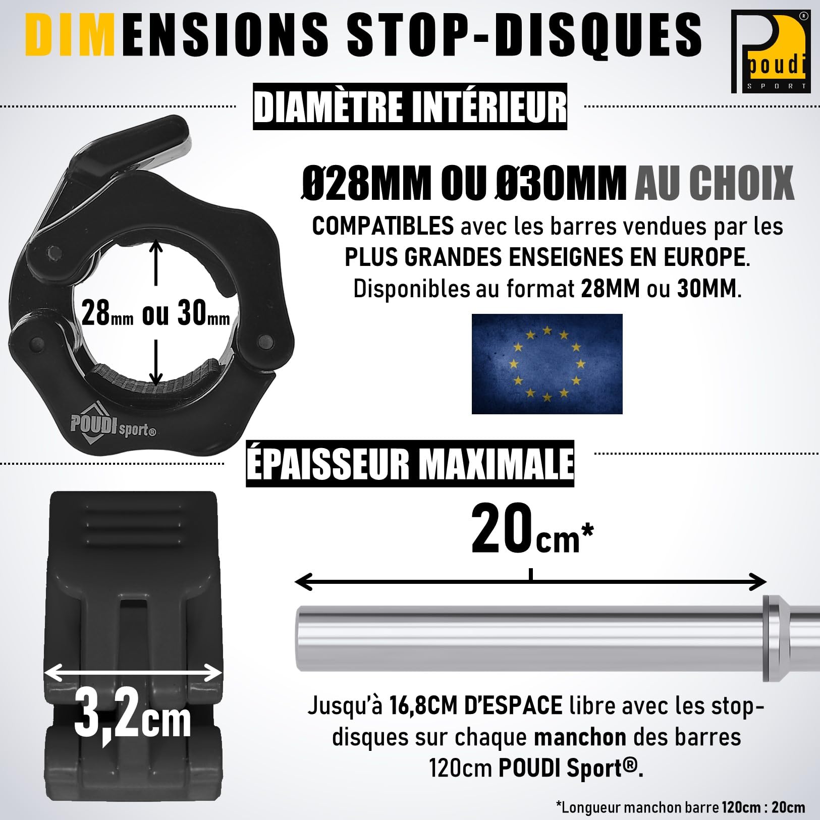 1 barre curl EZ 120cm + 1 barre droite de musculation 120cm + 4 colliers de serrage | Ø 28mm ou 30mm | Acier chromé | 4 anneaux de soutien amovibles