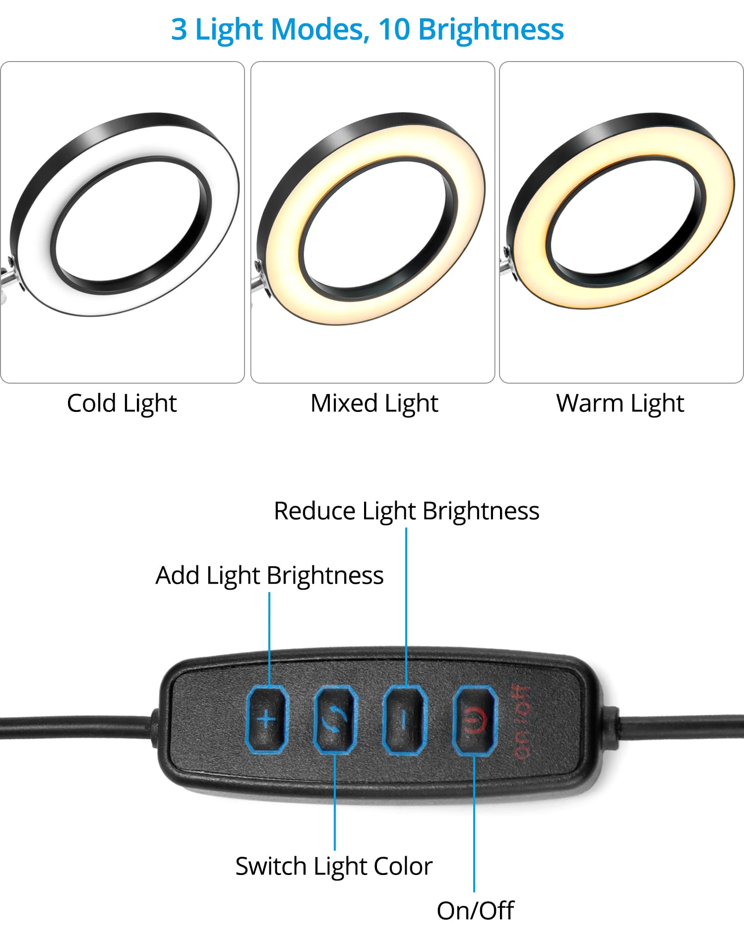 QWORK® LED de Lupa con Abrazadera y Base, lámparas de Aumento 10X, 3 Modos de Color y 10 Brillos Regulables, lámpara de Brazo Giratorio Ajustable, Negro