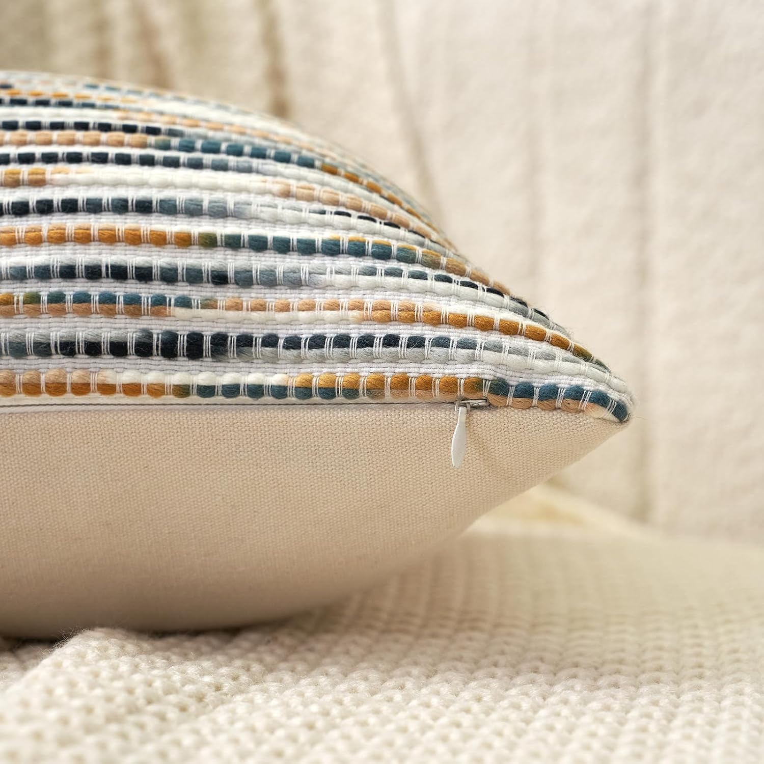 Aeckself Boho Striped Pillow Cover 20x20, Decorative Square Throw Pillow Cover Chenille Neutral Pillowcase for Couch Bedroom Living Room, Yellow Gray - Image 3